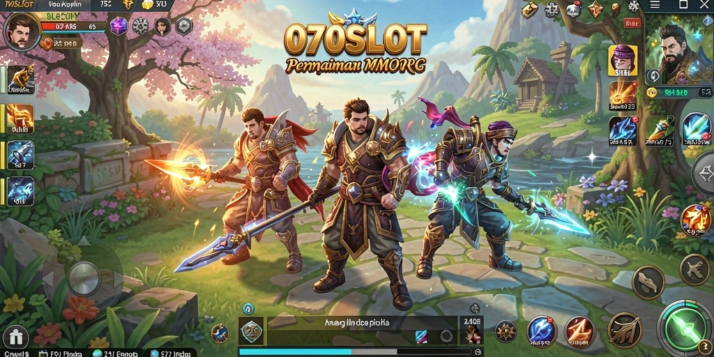 Screenshot menunjukkan pertempuran epik dalam permainan MMORPG 070SLOT.
