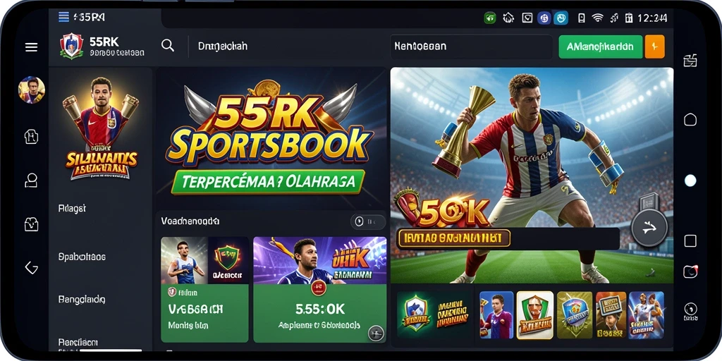 Tampilan utama aplikasi 55RK dengan fitur Sportsbook yang menarik.
