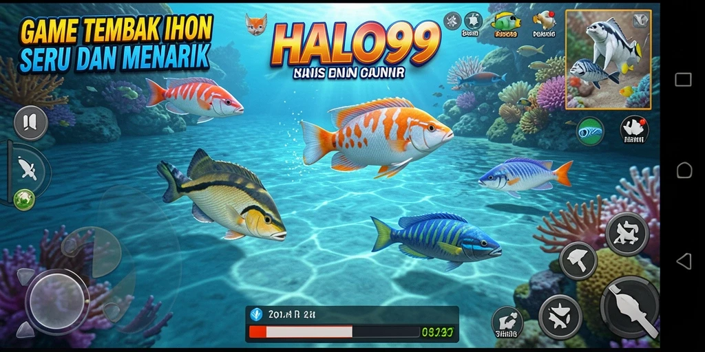 Gameplay seru menembak ikan di laut yang biru.
