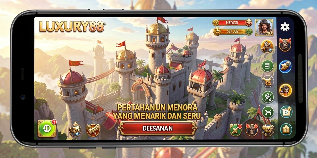 Tangkapan layar gameplay LUXURY88 menunjukkan pertahanan menara yang dinamis dan menegangkan.
