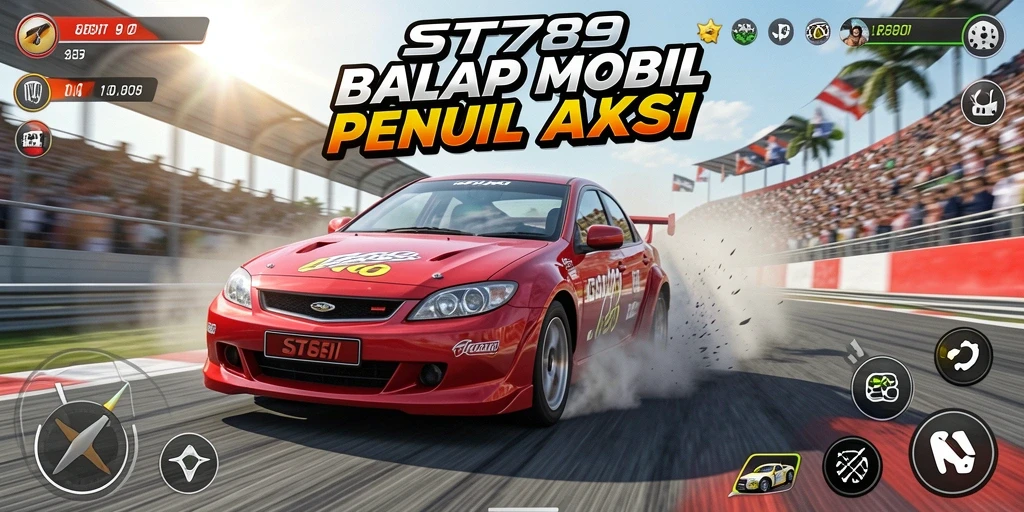 Tampilan gameplay ST789 dengan mobil balap melaju cepat di trek yang menantang.