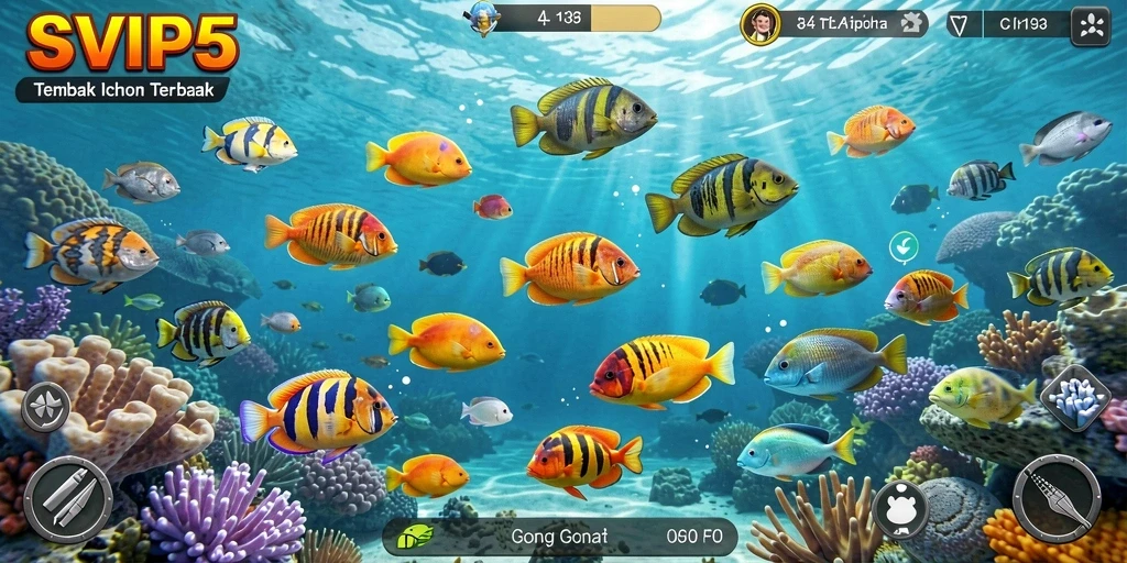 Tangkapan layar gameplay SVIP5 menunjukkan aksi menembak ikan yang seru.