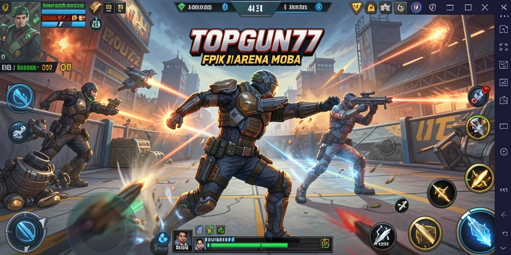 Screenshot gameplay epic dari TOPGUN77 menampilkan pertarungan sengit antara karakter.