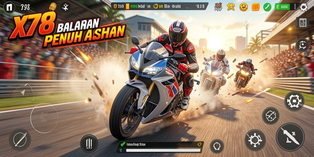 Tampilan utama gameplay X78 dengan balapan motor yang intens.